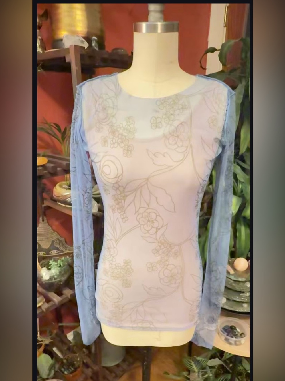 Sheer Lace-Sleeve Floral Long-Sleeve Top — Light Blue